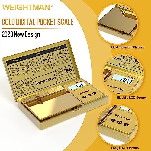 WEIGHTMAN Digital Scale Gram, 200g/0.01g Pocket Scale Gold Titanium Plating | LCD Backlit Display, Mini Jewelry Scale with 6 Units, Auto Off, Tare Function for Food, Coins, Battery Included - color: Gold