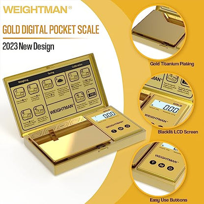 WEIGHTMAN Digital Scale Gram, 200g/0.01g Pocket Scale Gold Titanium Plating | LCD Backlit Display, Mini Jewelry Scale with 6 Units, Auto Off, Tare Function for Food, Coins, Battery Included - color: Gold