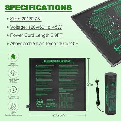 Bestio Waterproof Seedling Heat Mat, 20×20.75 in Heat Mats for Seed Starting, MET Certified Seed Mat, Suitable for Indoor Gardening, Germination - size: 20" x 20.75"- 1 Pack