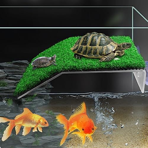 Mipukbay Small Turtle Basking Platform with Simulation Grass - Ideal Turtle Tank Accessories & Turtle Dock for Small Turtles, Frogs, Water Environment Loving Reptile or Amphibian Pets - color: Grass-m