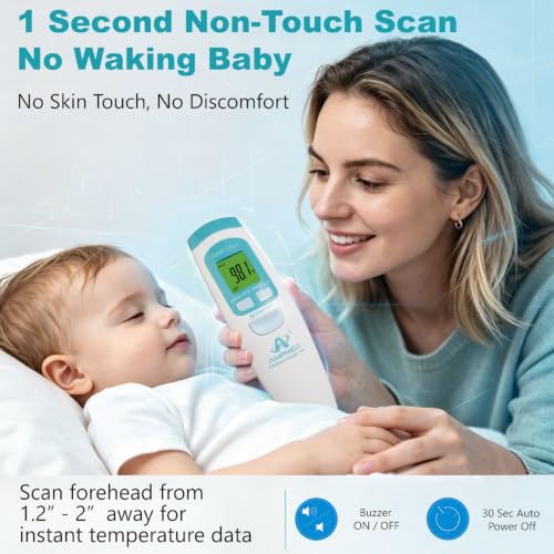 Non-Contact Medical Grade Forehead Thermometer, White | For Adults, Kids, Baby, Touchless Infrared, 1-Sec Reading, Fever Alarm - color: White
