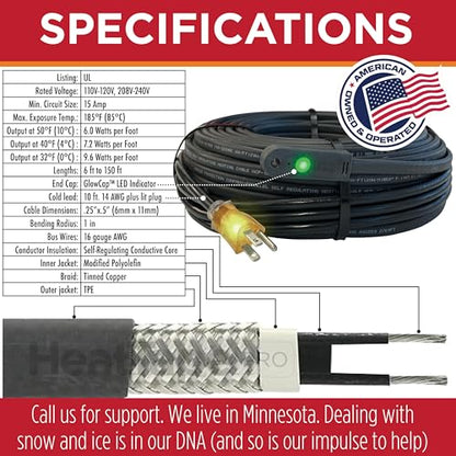 RADIANT SOLUTIONS HeatTapePro - Intelligent Commercial Grade Self-Regulating Heat Cable with GlowCap™ - 10 YR warranty - Ice Dam & Pipe Freeze Protection - 125 ft cable + 10 Ft Cord, 120V, 6 watts/Ft - style: Heat Tape Pro (125 FT)