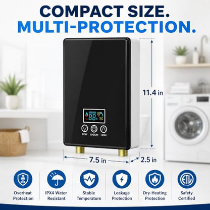 Tankless Electric Water Heater, 240V 6500W On-Demand Instant Hot Water Heater with Digital Display & Remote Control, Point-of-Use Under Sink for Kitchen, Laundry, RV, Bathroom - color: Black