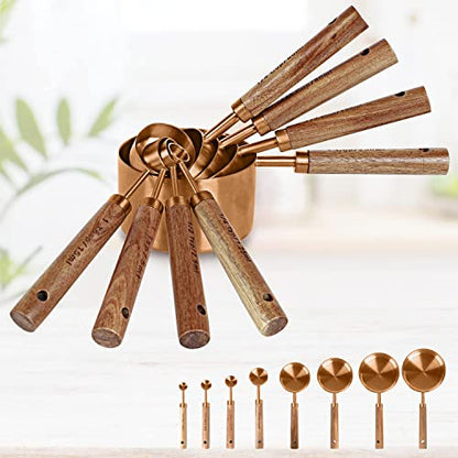 Collection 8 Piece Rose Gold Measuring Cups Set and Measuring Spoons, Golden With fragrant wood Handles-Complete Set of Measure Cups and Spoons For Cooking and Baking. - color: Copper