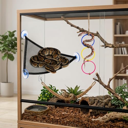 3PCS Snake Enrichment, Snake Enclosure Accessories, Reptile Habitat Accessories with Jute Rope and Black Mesh Hammock, Cage Climbing Structures for Environmental