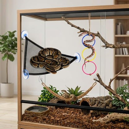 3PCS Snake Enrichment, Snake Enclosure Accessories, Reptile Habitat Accessories with Jute Rope and Black Mesh Hammock, Cage Climbing Structures for Environmental