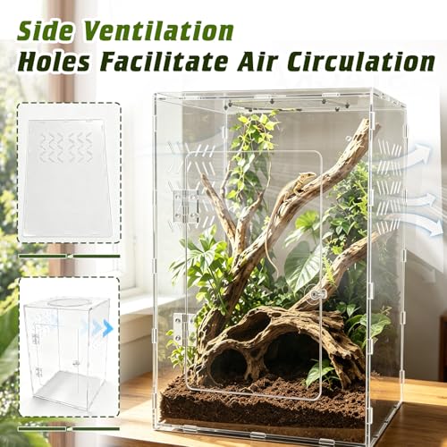 10 Gallon Acrylic Reptile Tank Enclosure,12x12x18 Fully Transparent Reptile Terrarium Acrylic Front Opening with Metal Translucent Mesh Top for Crested Gecko Lizards, Snakes, Chameleon