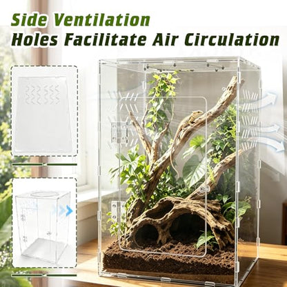 10 Gallon Acrylic Reptile Tank Enclosure,12x12x18 Fully Transparent Reptile Terrarium Acrylic Front Opening with Metal Translucent Mesh Top for Crested Gecko Lizards, Snakes, Chameleon
