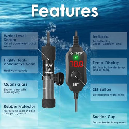 100W Compact Aquarium Heater for 10-20 Gallon Tanks | Super Short Submersible Fish Tank Heater with LED Digital Thermostat, Dry-Run & Overheat Protection, Memory Function - size: For Tanks 10-20 Gal