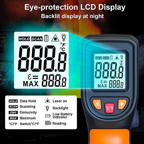 DEASOMIYE Infrared Thermometer Gun, -58°F~1112°F Laser Thermometer Temperature Gun, Non Contact IR Temp Gun with Adjustable Emissivity for Cooking,Griddle,HVAC,Fridge,Grill,Pizza Oven(Not for Human) - color: Orange