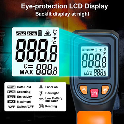 DEASOMIYE Infrared Thermometer Gun, -58°F~1112°F Laser Thermometer Temperature Gun, Non Contact IR Temp Gun with Adjustable Emissivity for Cooking,Griddle,HVAC,Fridge,Grill,Pizza Oven(Not for Human) - color: Orange