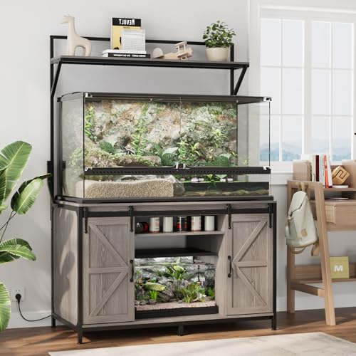 VOWNER 48"x24" Reptile Tank Stand with Power Outlet & Storage Cabinet, Grey | Fits up to 120 Gallon Bearded Dragon Tank, Sliding Barn Doors, Heavy Duty Aquarium Stand, Reptile Turtle Terrarium Stand - color: Grey