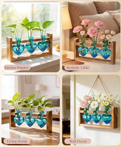 Nacome Plant Terrarium with Wooden Stand, 3 Heart Bulb Glass Vases | Wooden Stand Tabletop for Air Planter, Gifts for Mom Plant Lovers Mom Women Wife Grandma - color: Blue