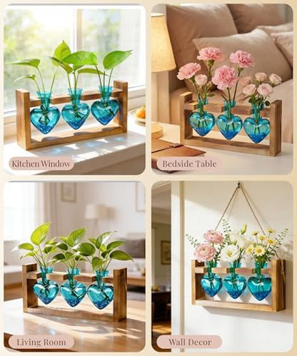 Nacome Plant Terrarium with Wooden Stand, 3 Heart Bulb Glass Vases | Wooden Stand Tabletop for Air Planter, Gifts for Mom Plant Lovers Mom Women Wife Grandma - color: Blue
