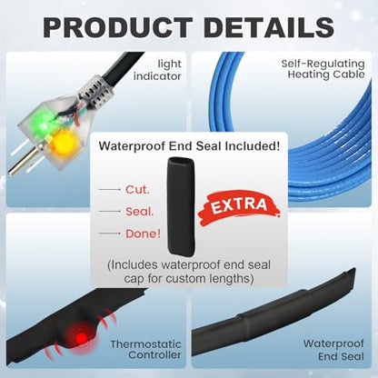 MAXKOSKO 2ft Dual Lights Self Regulating Heat Tape for Water Pipes 5W/ft | Heat Trace Cable with Thermostat, Heating Cable Freeze Protection for Metal & Plastic Pipes,Keeps Water Flowing at -40°F,120V - color: 2-feet