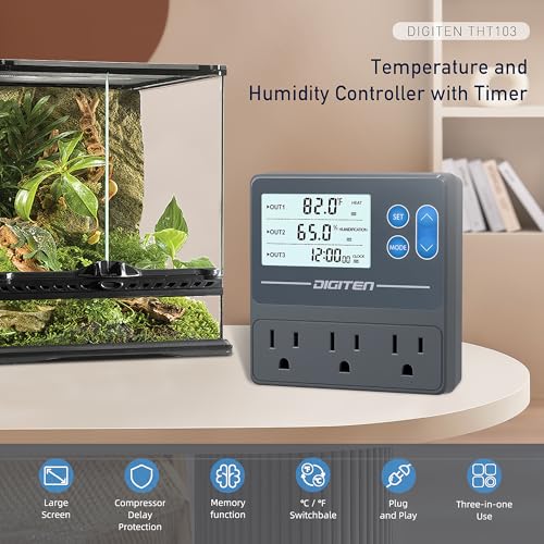 DIGITEN Reptile Temp & Humidity Controller with Timer Outlet | Temperature Control, Humidity Control, Timer, 3-Stage Outlet, Day-night Thermostat For Reptile, Mushroom, Homebrew
