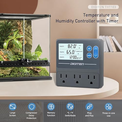 DIGITEN Reptile Temp & Humidity Controller with Timer Outlet | Temperature Control, Humidity Control, Timer, 3-Stage Outlet, Day-night Thermostat For Reptile, Mushroom, Homebrew