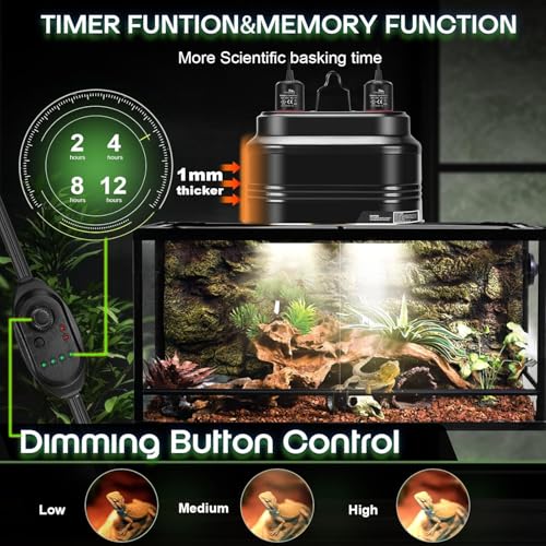 MECESOR Dual Reptile Light Fixture, Double Reptile Heat Lamp Fixture with Independent Thermostat Control & Timer Dimming Function Reflector Dome Lamp Fixture for Bearded Dragon, Lizard Terrarium