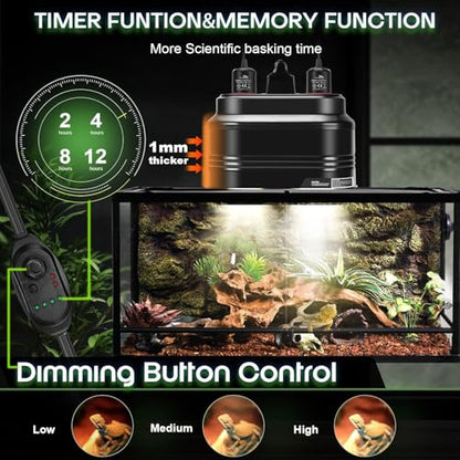 MECESOR Dual Reptile Light Fixture, Double Reptile Heat Lamp Fixture with Independent Thermostat Control & Timer Dimming Function Reflector Dome Lamp Fixture for Bearded Dragon, Lizard Terrarium
