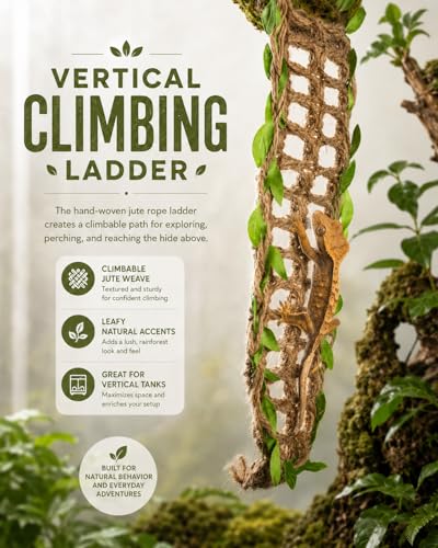 Crested Gecko Hide, Hanging Moss-Style Reptile Hideout with Rope Ladder, Crested Gecko Tank Accessories for Vertical Terrariums, 16 in Crested Gecko Decor & Gecko Tank Accessories