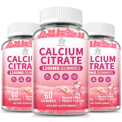 (3 Pack) Calcium Citrate Gummies 1200 mg for Adults, High Absorption Calcium Supplement for Women & Men, Sugar Free, Non-GMO, Gluten Free, Supports Muscle & Immune - Natural Peach Flavor - size: 60 Count (Pack of 3)