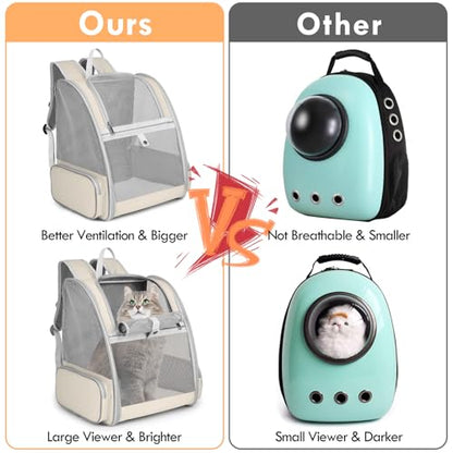 Cat Backpack Carrier, Large Pet Carrier Backpack with Kitten Wand Feather Toy for Medium Small Dog Cat Puppy Kitty Bunny up to 15lbs, Ventilated Mesh Kitten Bookbag for Travel Walking Outdoor (Beige) - color: Beige