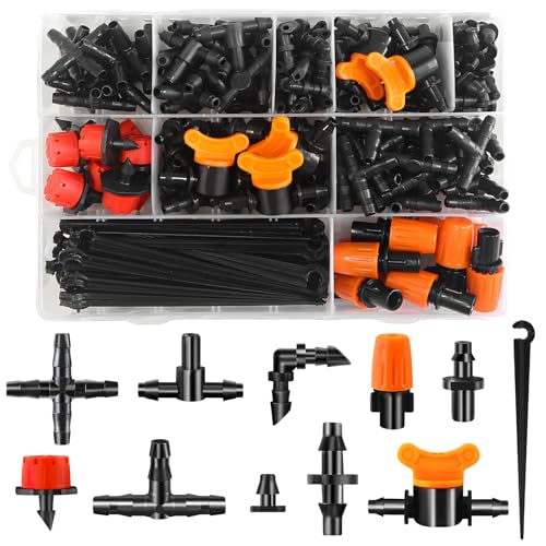 220-Piece Drip Irrigation Fittings Kit for 1/4" Tubing, Complete Set of Drip Barbed Connectors (Nozzle, Micro Dripper, Nozzle Tee, Single Barb, Coupling, Tee, Elbow, Valve, Plug, Cross, Stake) - size: 1/4" Fittings with Box-220P