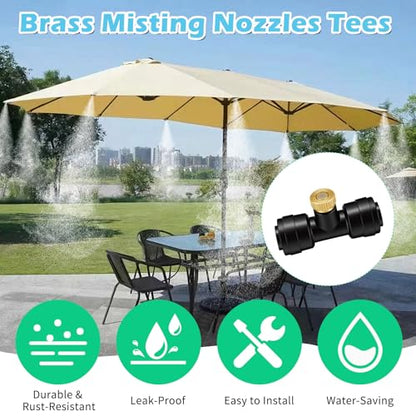 Yotako 1/4'' Slip-Lock Misting Nozzles Kit | 12Pcs Brass Misting Nozzles 10Pcs Water Misting Nozzle Tees Thread Misting Nozzle Tees with Plugs for Spray Cooling System