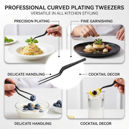 CREATIVECHEF 8 Inch Curved Stainless Steel Precision Kitchen Cooking Multi-function Tweezers Culinary Offset Tweezer Tongs (8" Curved, Bronze) - color: Red