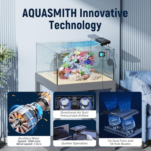 AQUASMITH Aquarium Chiller Fan,Fish Tank Cooler with Temperature Control,Minimum Setting 59℉,Auto Start/Stop,Refrigeration Effect 3-7℉,3-Speed Modes,for Axolotl Seawater Freshwater Coral Grass Tank