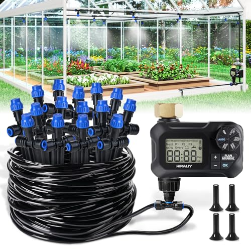 HIRALIY 59FT Drip Irrigation Kit with Water Timer, Quick-Connect | Garden Watering System with 15 Adjustable Misting Nozzles, 1/4 in Tubing for Greenhouse, Hanging Plants & Raised Beds - size: 59 feet