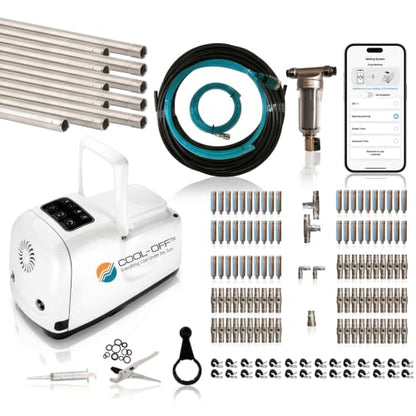 100’ High-Pressure Mist Cooling System Kit with Premium Edition Remote Pump W/App Control Comes with the CO300 Pump (.004-50 nozzles) (Black 1/4" Tubing 100 ft) - color: 100' w/ 50- .004" Nozzles For Super Humid Climates