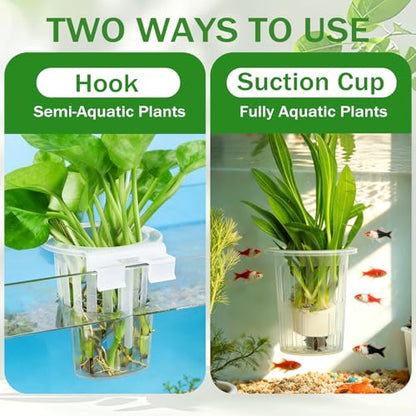 4 Pack Aquarium Plant Holder for Live Plants, Fish Tank Pothos Basket | with 24 Adjustable Hooks (3 Sizes) & 8 Suction Cups, Aquatic Planter for Aquascape Decorations, Emersed Plant Support