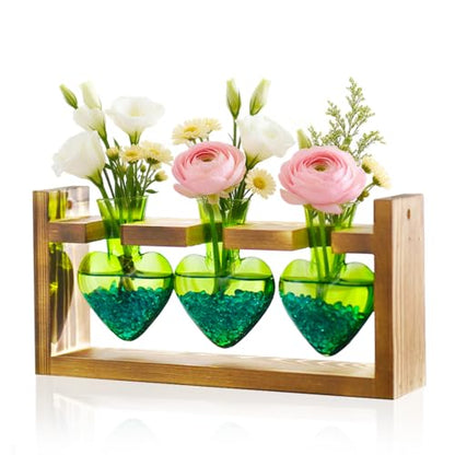Nacome Plant Terrarium with Wooden Stand, 3 Heart Bulb Glass Vases | Wooden Stand Tabletop for Air Planter, Gifts for Mom Plant Lovers Mom Women Wife Grandma - color: Green