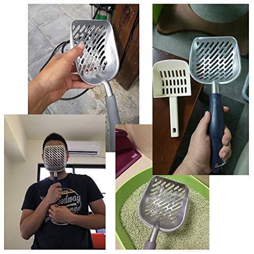 Non-Stick Metal Cat Litter Scoop with Long Handle, Solid Aluminum Alloy Deep Shovel, Kitten Pooper Lifter Scoop with Hole, Durable Kitty Litter Box Scooper Poop Sifter (Dark)
