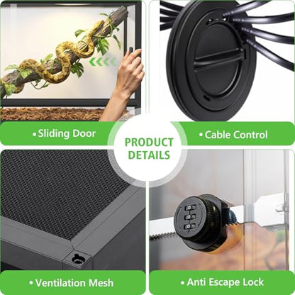 120 Gallon PVC Reptile Enclosure 48"x24"x24" – Large Reptile Tank with Front Sliding Glass Doors & Lock, for Bearded Dragon, Ball Python, Snake - color: Black Frame / White PVC-120 Gallon