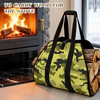 Camo Print Padded Handle Firewood Carrier | Water Resistant, Lightweight Foldable Design, Large Capacity, Easy Transport, Indoor Outdoor Firewood Holder - color: Lime Light Green Soft Camo Print