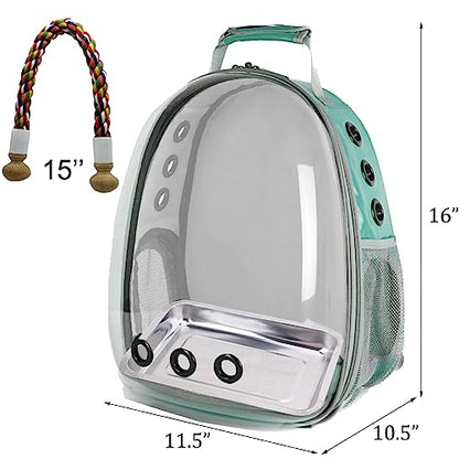 Bird Traval Carrier Cage, Clear Space Capsule Astronaut Backpack to Carry Parakeet Cockatiel Parrot with Metal Tray Bird Feeder Wood Perch, Vet Transport School Bag - color: Green