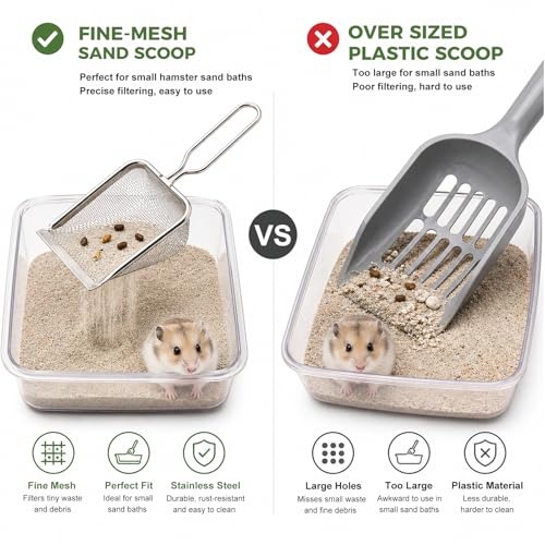 Stainless Steel Hamster Sand Scoop Set, 1mm Fine Mesh & Standard Scoop Combo, Small Pet Sand Bath Cleaner for Hamsters, Gerbils, Mice, Reptiles, Easy Sifting for Fine Sand