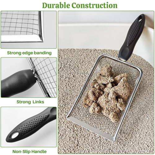 2Pcs Cat Litter Scoop Metal Stainless Steel Mesh Kitty Litter Scoop with Hook, Cat Scooper for Litter Box, Filter Small Pieces Quickly, Easy to Clean and Durable (3mm/5mm Mesh)