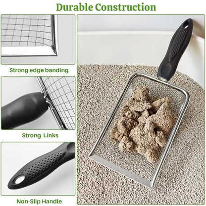 2Pcs Cat Litter Scoop Metal Stainless Steel Mesh Kitty Litter Scoop with Hook, Cat Scooper for Litter Box, Filter Small Pieces Quickly, Easy to Clean and Durable (3mm/5mm Mesh)