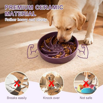 Ceramic Slow Feeder Dog Bowl, 3 Cup Dog Food or 25oz Water, Slow Eating Bowl for Middle Breed, Maze Puzzle Feeder for Fast Eaters, Anti-Choking Stop Bloat, Non-Slip BPA Free (Purple) - color: Purple