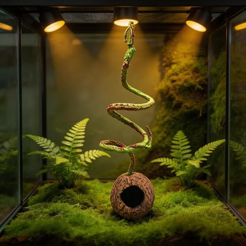 Resin Reptile Hide with Bendable Vine - Coconut Cave for Jumping Spiders, Tarantulas & Small Geckos - Terrarium Decor for Molting & Enrichment (3.4"x3.4"x7.9")