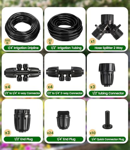 132FT Drip Irrigation Tubing Kit with 1/2 inch Drip Irrigation Tubing, 1/4 inch Irrigation Dripline, and Irrigation Parts for Garden, Raised Beds, and Greenhouse Watering - size: 132FT