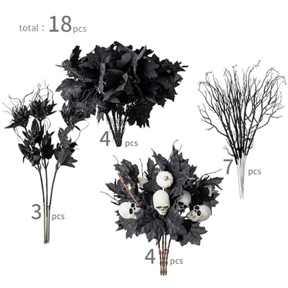 18pcs Fake Plants Outdoor, Halloween Maple Pumpkin Branch, Autumn Artificial White Pumpkins Stem with Black Maple Leaves, Faux Maple Leaves Spray for Halloween Thanksgiving Home Deocr - color: Black