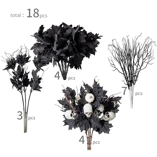 18pcs Fake Plants Outdoor, Halloween Maple Pumpkin Branch, Autumn Artificial White Pumpkins Stem with Black Maple Leaves, Faux Maple Leaves Spray for Halloween Thanksgiving Home Deocr - color: Black