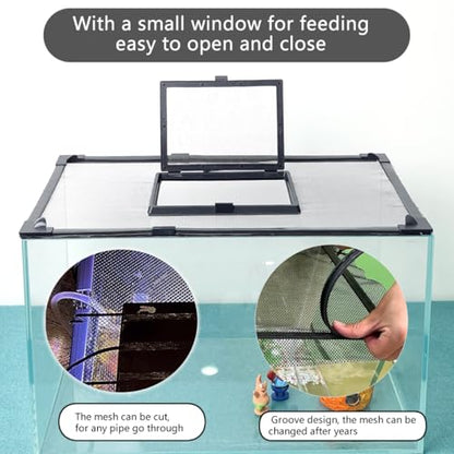 Magnetic Fish Tank Cover with Feeding Window Dark Grey Frame Grey Fiberglass Net,DIY Fish Tank Lid Adjustable Size Fit Tank Size Max 35''X19'' for Preventing Fish from Jumping Out and Reptile Escaping - color: Dark grey frame fiberglass net(with a small w
