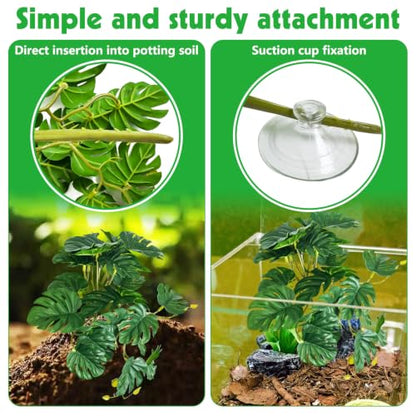 PINVNBY Crested Gecko Tank Accessories Terrarium Plants with Suction Cup Reptile & Amphibian Habitat Plants for Bearded Dragons Lizards Snake Tree Frog (Green Monstera, 2PCS) - color: Green Monstera