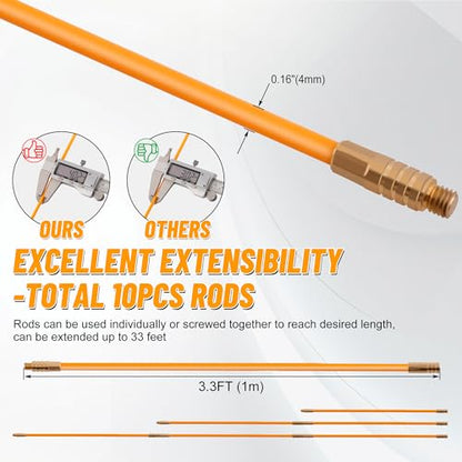 KOOTANS 33FT Fiberglass Running Electrical Wire Cable Glow Rods Wire Pulling Tools Fish Tape Wire Puller Through Wall Cable Snake Fish Rods Kit with Different Attachments - color: 33FT