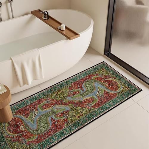 Green Crocodile Area Rugs 2ftx8ft for Dining Room Funky Crocodile Inspired Animal Print Rug for Bathroom Laundry Room Washable Non-Slip Boho Crocodile Carpet - size: 2'x8'/60*245cm/97"x24"(Rectangular)